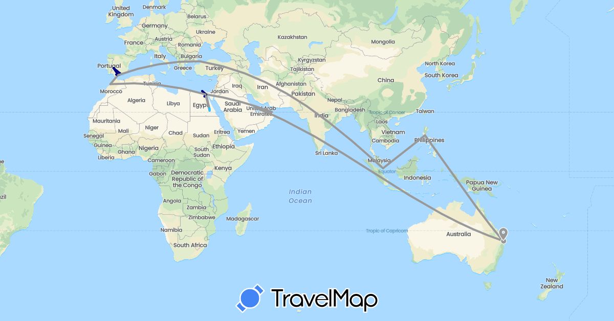 TravelMap itinerary: driving, plane, boat in Australia, Egypt, Spain, Morocco, Oman, Philippines, Qatar, Singapore, Turkey (Africa, Asia, Europe, Oceania)